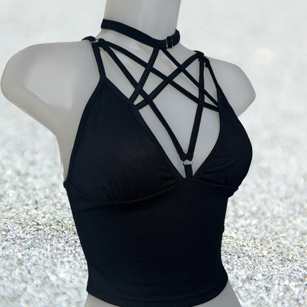 New Large Black Pentagram Strappy V-Neck Crop Top Sleeveless Blouse Y2k Goth